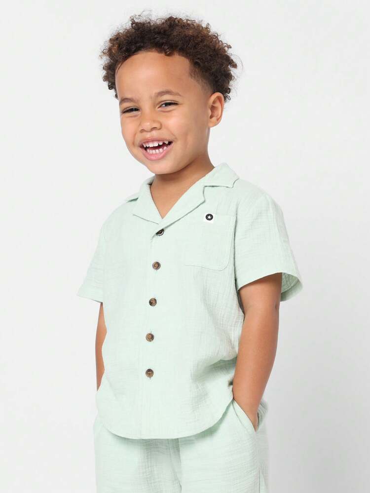 Boys Mint Green Cotton Gauze Shirt & Pants Set – Short Sleeve Button Front Summer Outfit – Soft Casual 2 Piece Kids Set