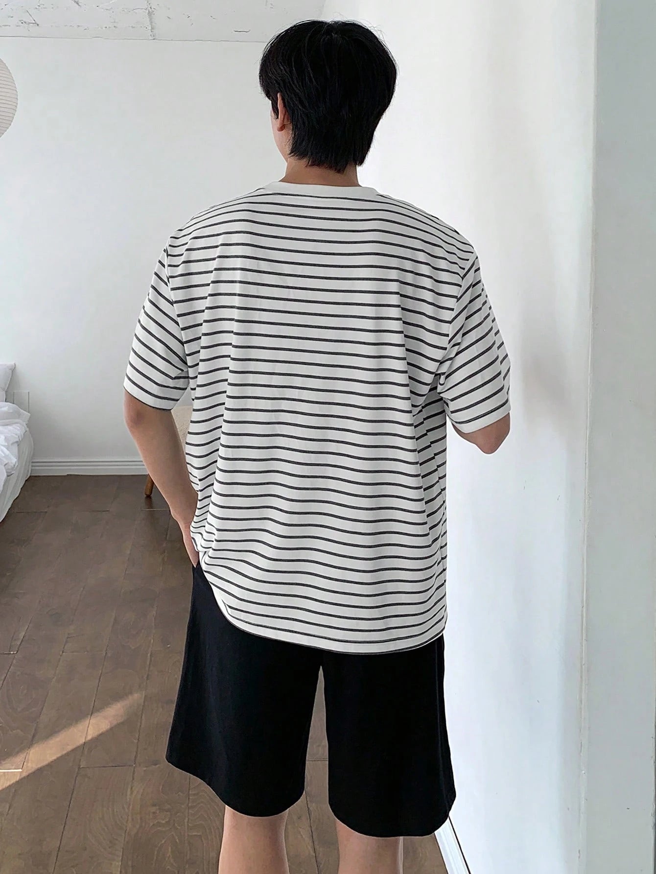 Men’s White Striped Oversized T-Shirt and Black Shorts Set