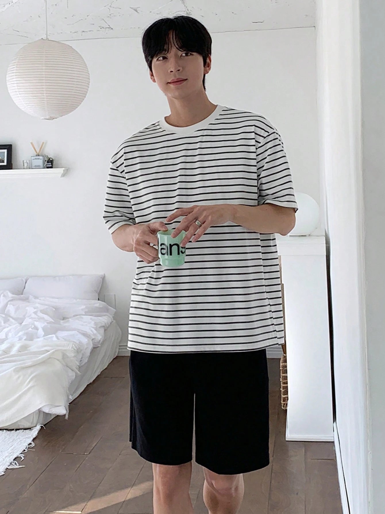 Men’s White Striped Oversized T-Shirt and Black Shorts Set