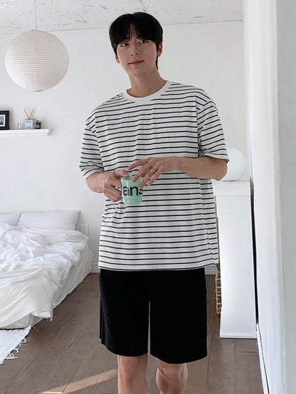Men’s White Striped Oversized T-Shirt and Black Shorts Set