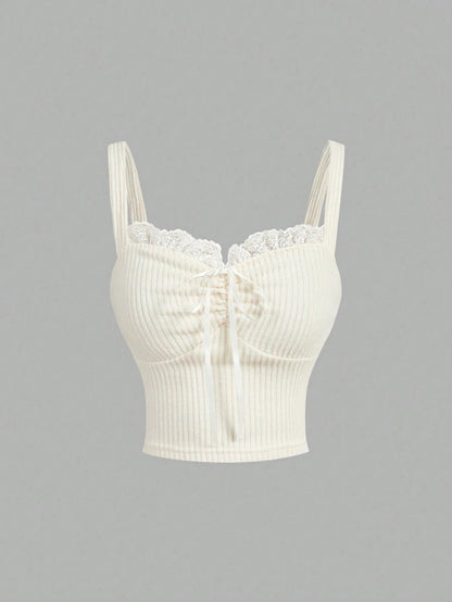 SHEIN Women’s Ivory Ribbed Lace Trim Ruched Cami Top