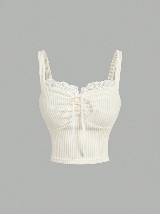 SHEIN Women’s Ivory Ribbed Lace Trim Ruched Cami Top