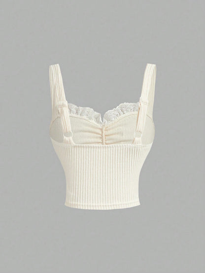 SHEIN Women’s Ivory Ribbed Lace Trim Ruched Cami Top
