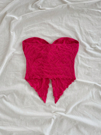 Women’s Hot Pink Bow Front Textured Strapless Top – Bandeau Summer Statement Crop Top