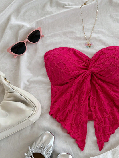 Women’s Hot Pink Bow Front Textured Strapless Top – Bandeau Summer Statement Crop Top