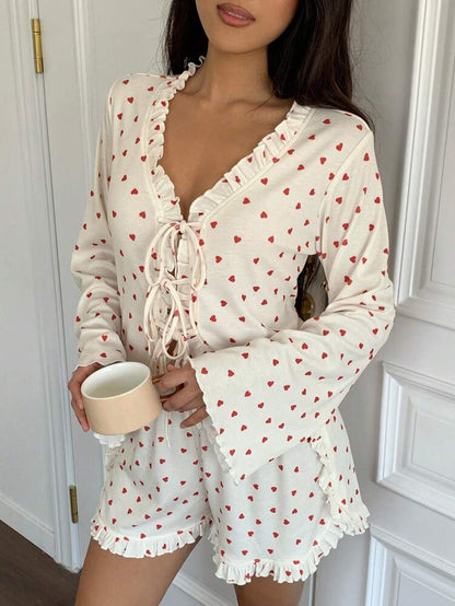 Women’s Heart Print Lace Up Ribbed Romper Pajama – White Long Sleeve Ruffle Trim Sleepwear