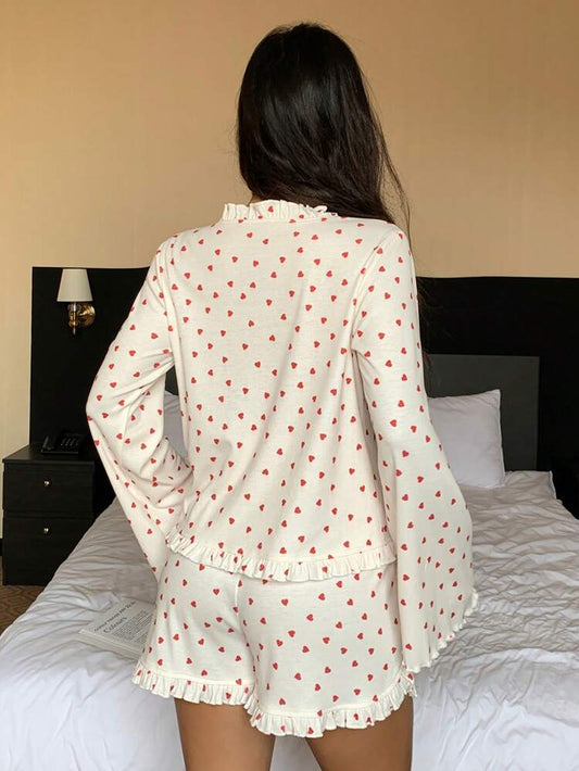 Women’s Heart Print Lace Up Ribbed Romper Pajama – White Long Sleeve Ruffle Trim Sleepwear