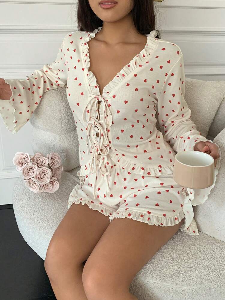 Women’s Heart Print Lace Up Ribbed Romper Pajama – White Long Sleeve Ruffle Trim Sleepwear