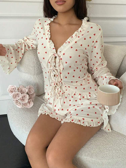 Women’s Heart Print Lace Up Ribbed Romper Pajama – White Long Sleeve Ruffle Trim Sleepwear