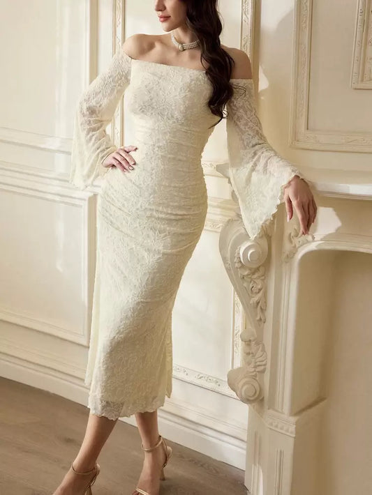 Ivory Lace Off Shoulder Midi Dress – Bell Sleeve Elegant Occasion Dress for Women  Product Description