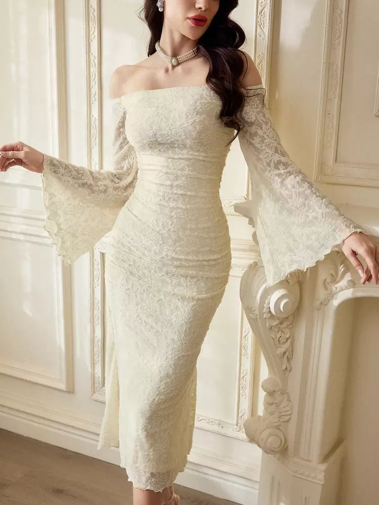 Ivory Lace Off Shoulder Midi Dress – Bell Sleeve Elegant Occasion Dress for Women  Product Description