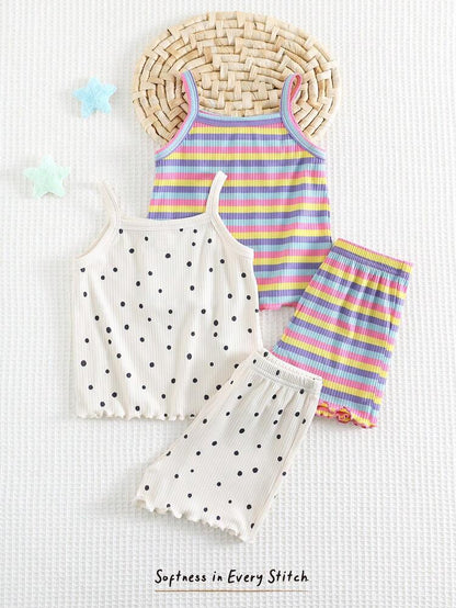 2-Pack Baby Girl Ribbed Summer Outfit Set – Rainbow Stripe & Polka Dot Cami Top with Shorts Sets