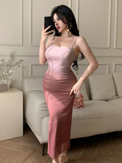 Dusty Rose Ruched Mesh Midi Dress – Sleeveless Elegant Bodycon Occasion Dress for Women
