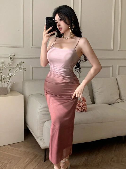 Dusty Rose Ruched Mesh Midi Dress – Sleeveless Elegant Bodycon Occasion Dress for Women