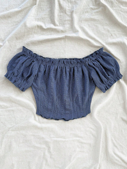 SHEIN Women’s Navy Blue Off-Shoulder Eyelet Crop Top