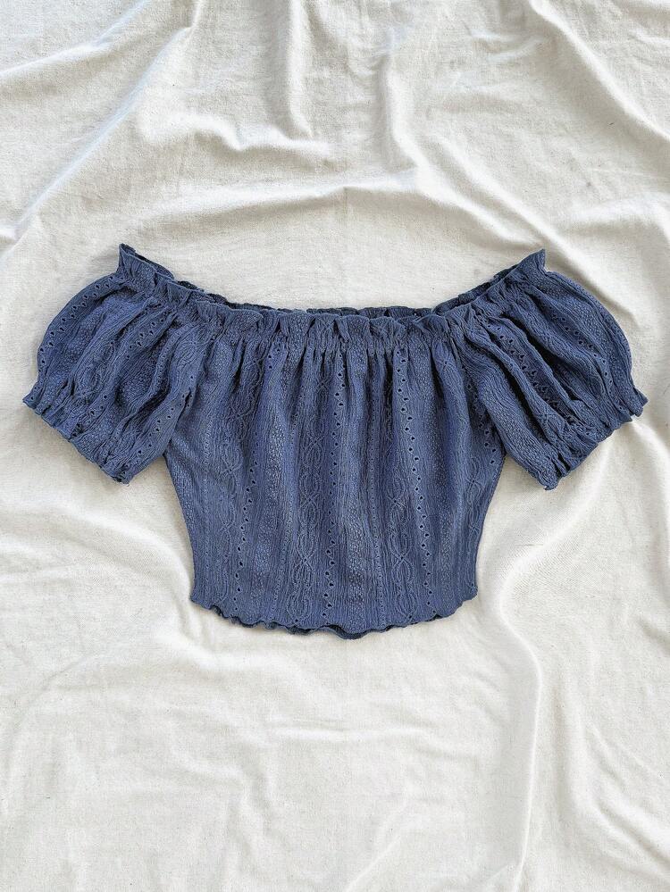 Dusty Blue Off Shoulder Eyelet Knit Top – Puff Sleeve Smocked Crop Blouse – Soft Stretch Summer Fit