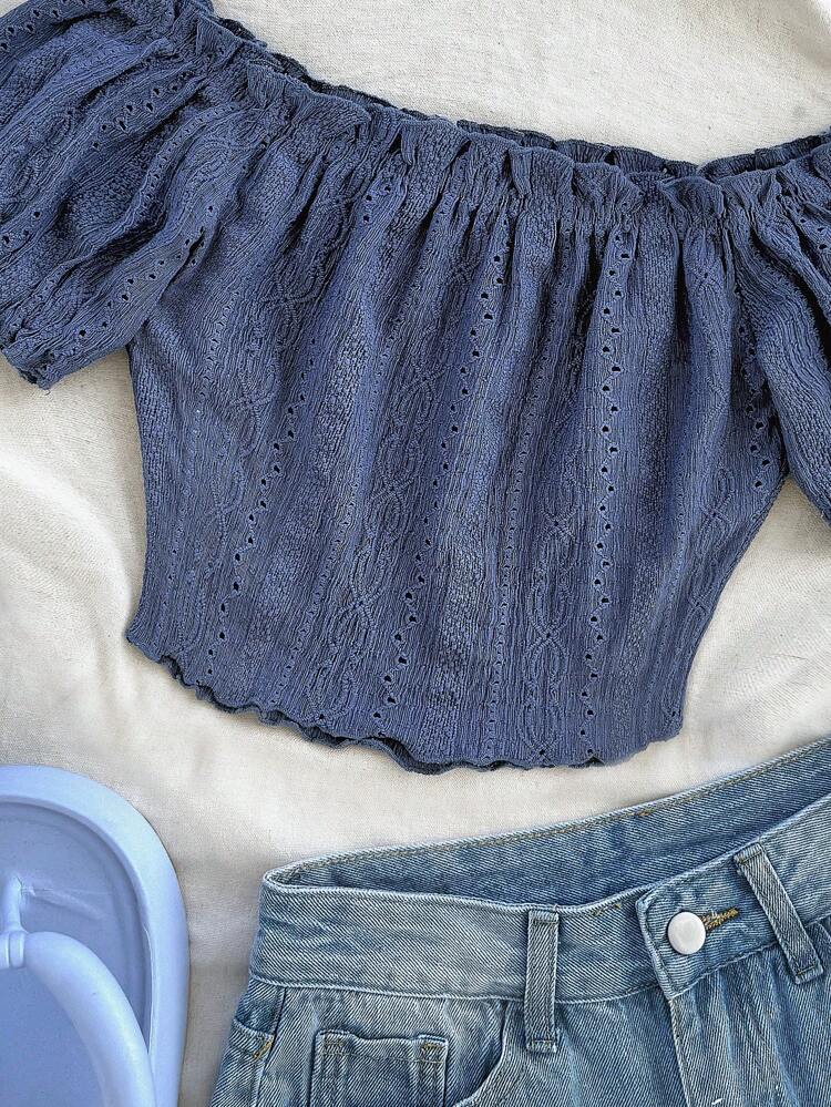 Dusty Blue Off Shoulder Eyelet Knit Top – Puff Sleeve Smocked Crop Blouse – Soft Stretch Summer Fit