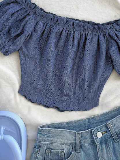 Dusty Blue Off Shoulder Eyelet Knit Top – Puff Sleeve Smocked Crop Blouse – Soft Stretch Summer Fit