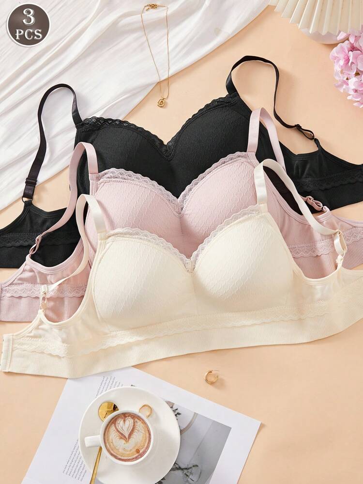 3-Piece Women’s Wireless Comfort Bra Set – Soft Ribbed Padded Everyday Bras in Black, Pink & Cream