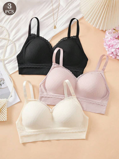 3-Piece Women’s Wireless Comfort Bra Set – Soft Ribbed Padded Everyday Bras in Black, Pink & Cream