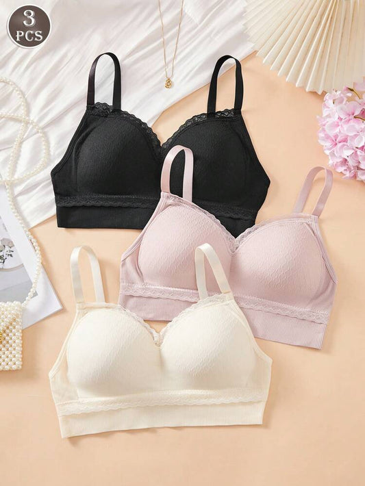 3-Piece Women’s Wireless Comfort Bra Set – Soft Ribbed Padded Everyday Bras in Black, Pink & Cream