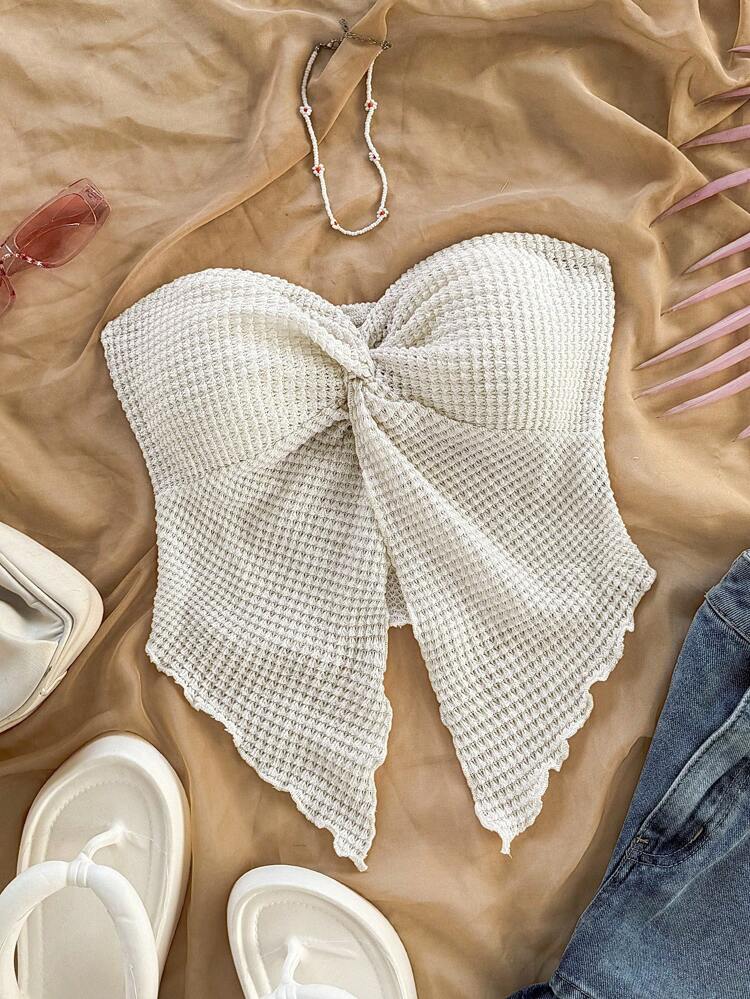 Cream Waffle Knit Bow Tube Top – Strapless Bandeau Crop Top – Textured Slim Fit Summer Style