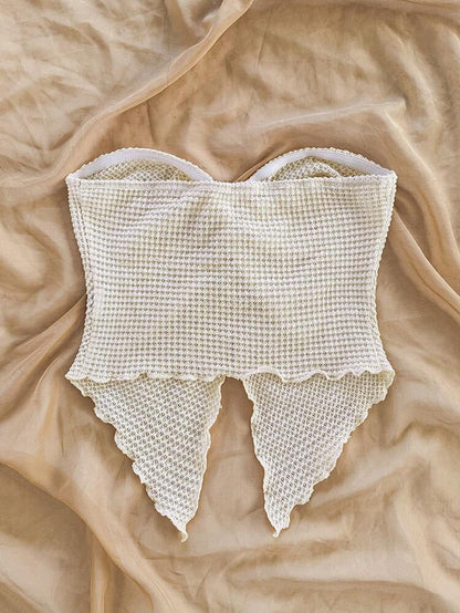 Cream Waffle Knit Bow Tube Top – Strapless Bandeau Crop Top – Textured Slim Fit Summer Style