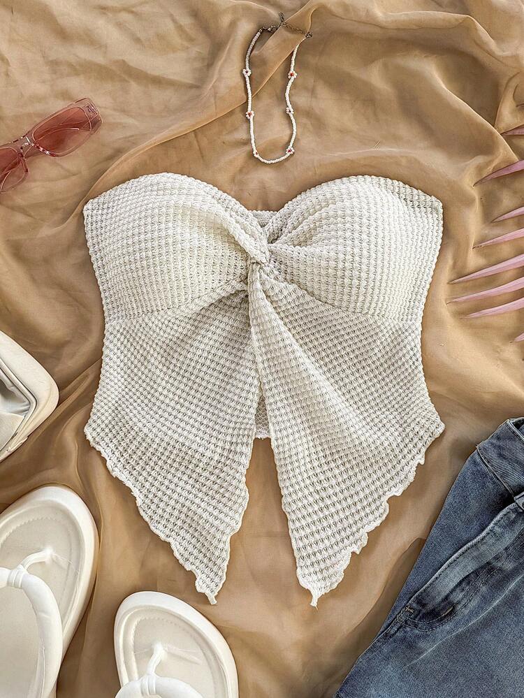 Cream Waffle Knit Bow Tube Top – Strapless Bandeau Crop Top – Textured Slim Fit Summer Style