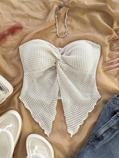 Cream Waffle Knit Bow Tube Top – Strapless Bandeau Crop Top – Textured Slim Fit Summer Style