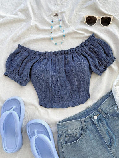 Dusty Blue Off Shoulder Eyelet Knit Top – Puff Sleeve Smocked Crop Blouse – Soft Stretch Summer Fit