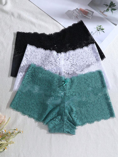 3-Pack Floral Lace Boyshort Panties for Women – Soft Stretch Lingerie – Full Lace Briefs – Shein Style Underwear Set