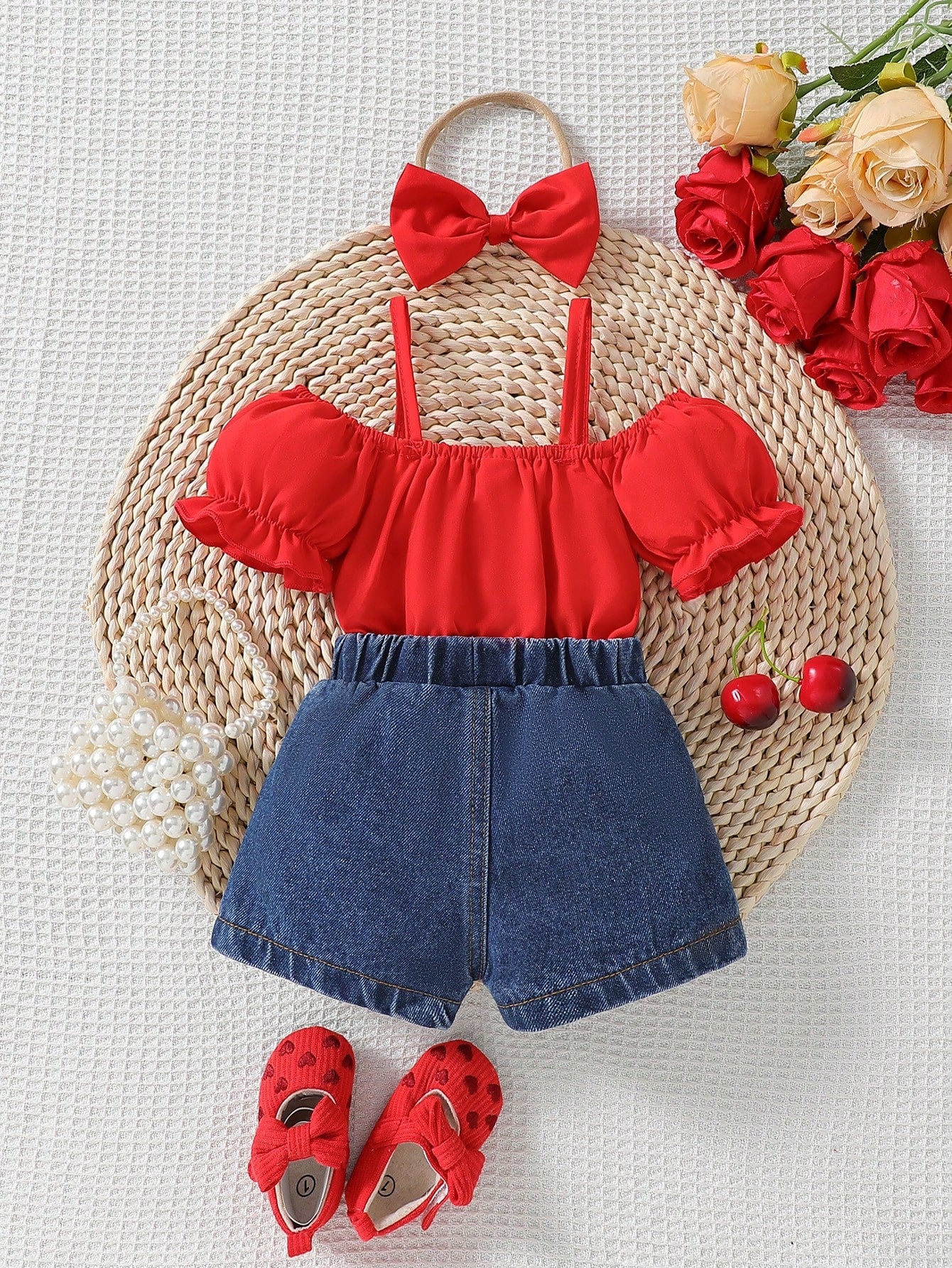 Baby Girls Red Ruffle Top & Heart Denim Shorts Set
