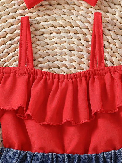 Baby Girls Red Ruffle Top & Heart Denim Shorts Set