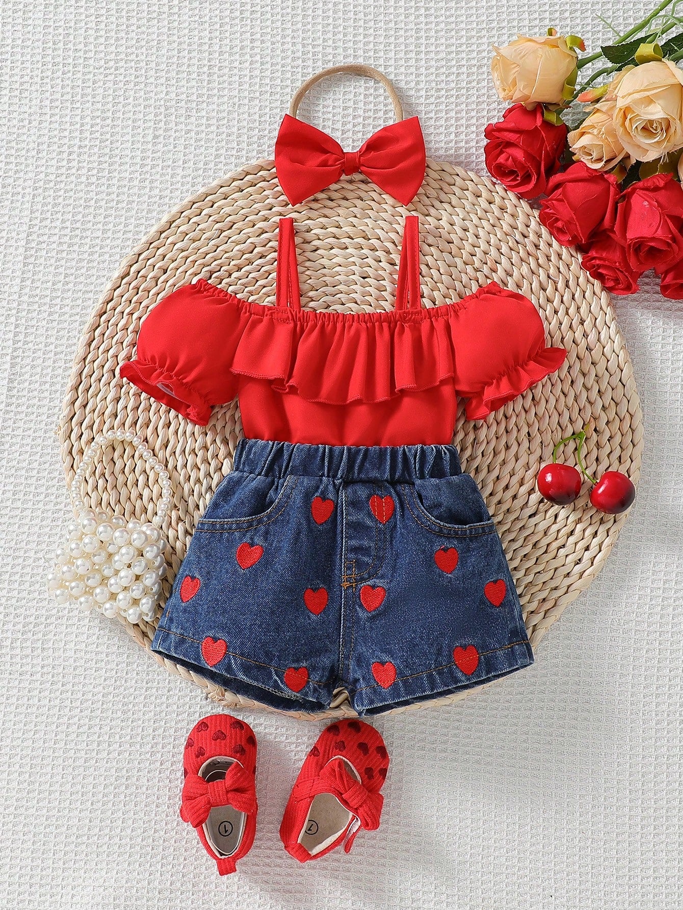 Baby Girls Red Ruffle Top & Heart Denim Shorts Set