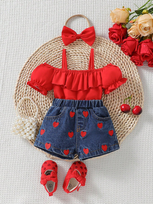 Baby Girls Red Ruffle Top & Heart Denim Shorts Set