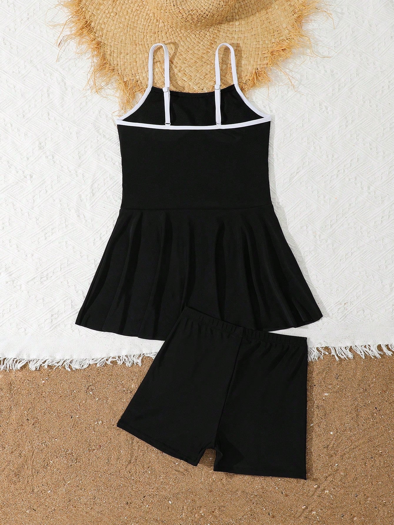 Girls Black Skirted Swimsuit Set, Strappy Swim Dress with Matching Shorts and White Side Details