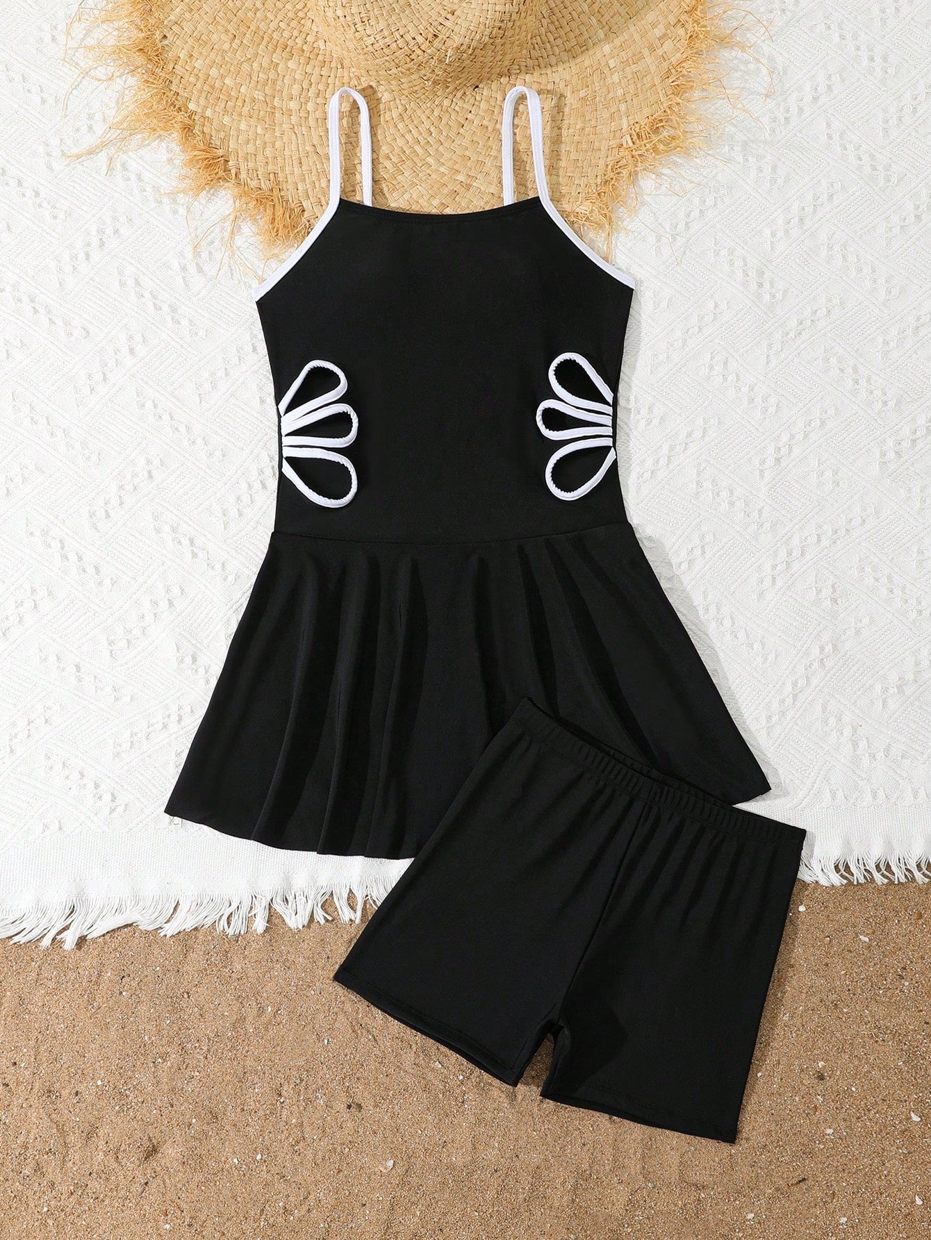 Girls Black Skirted Swimsuit Set, Strappy Swim Dress with Matching Shorts and White Side Details