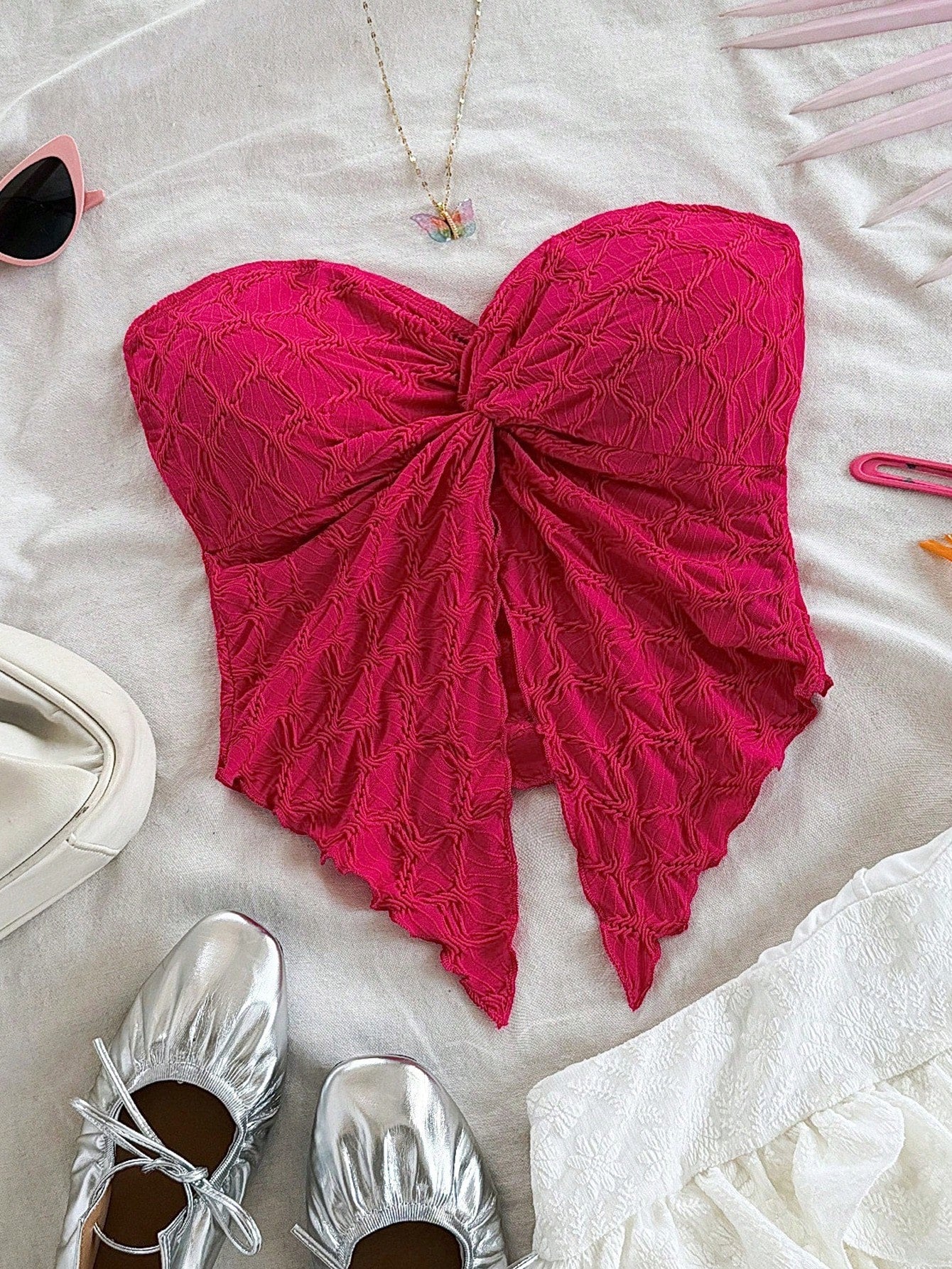 Women’s Hot Pink Bow Front Textured Strapless Top – Bandeau Summer Statement Crop Top