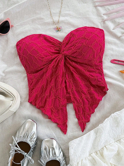 Women’s Hot Pink Bow Front Textured Strapless Top – Bandeau Summer Statement Crop Top