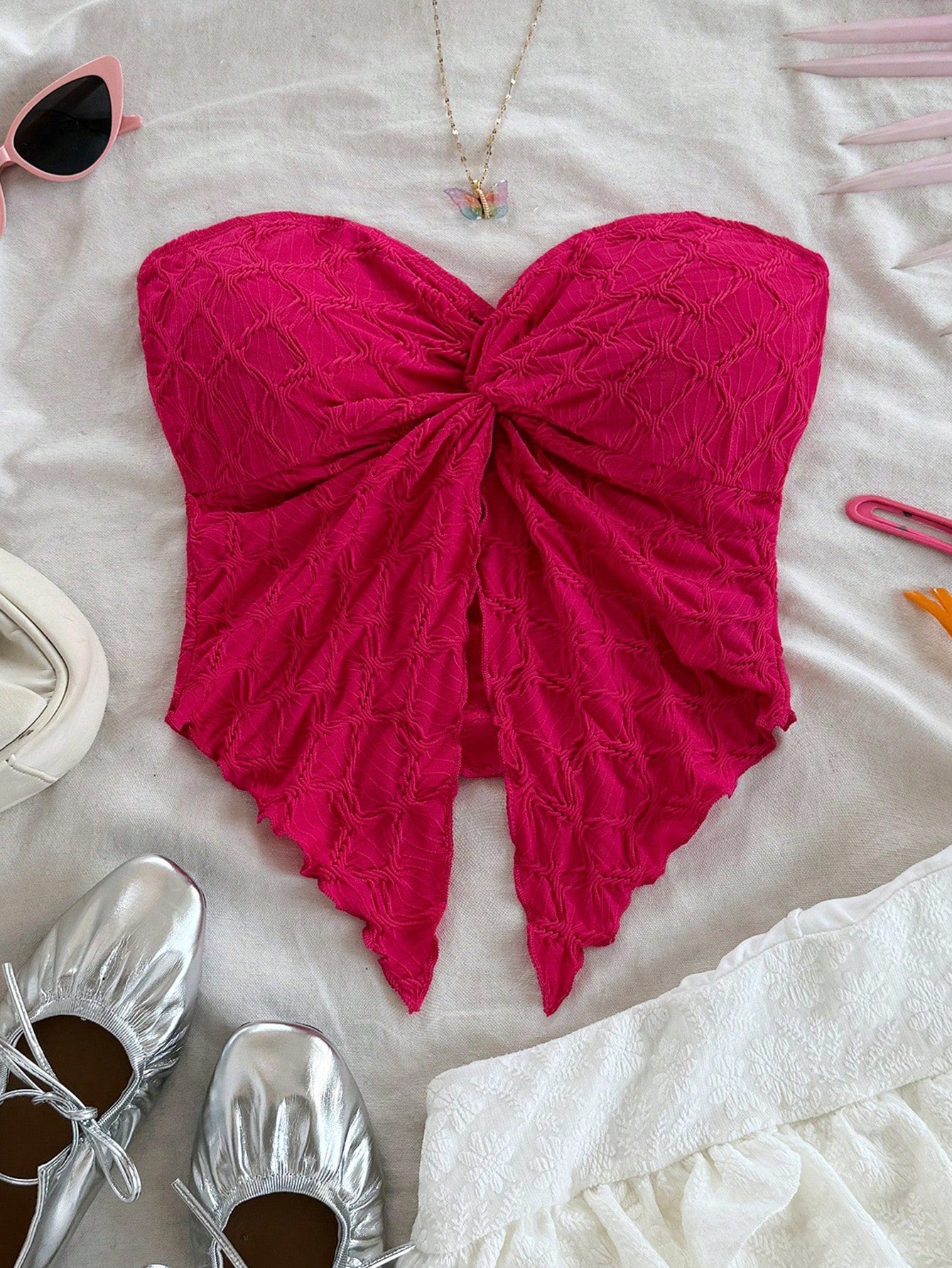 Women’s Hot Pink Bow Front Textured Strapless Top – Bandeau Summer Statement Crop Top