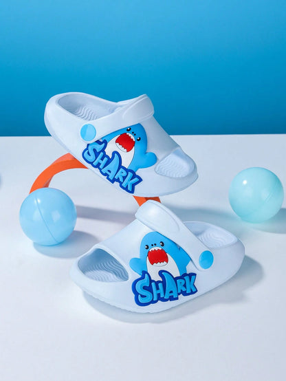 Kids White Shark Graphic Summer Sandals – Lightweight Open Toe Slip-On Shoes with Back Strap
