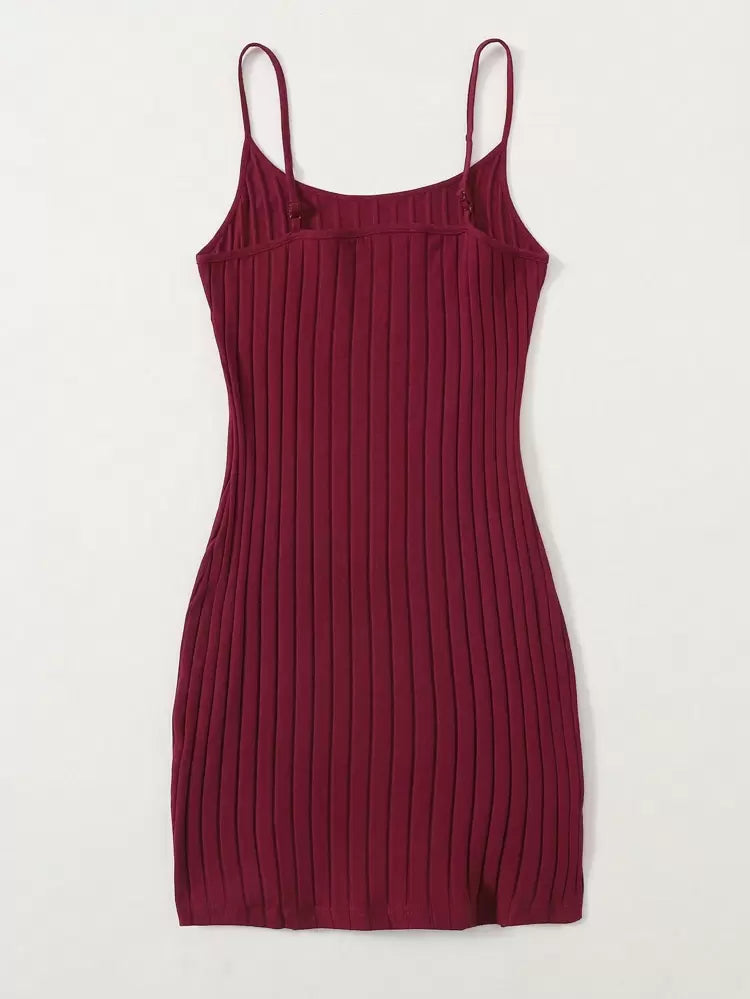 Burgundy Ribbed Cami Mini Dress – Slim Fit Cotton Blend Casual Dress for Women