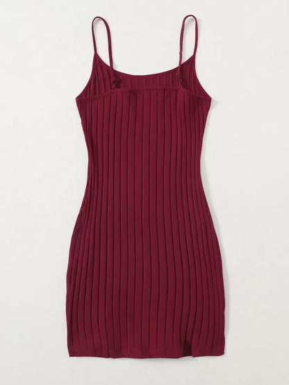 Burgundy Ribbed Cami Mini Dress – Slim Fit Cotton Blend Casual Dress for Women