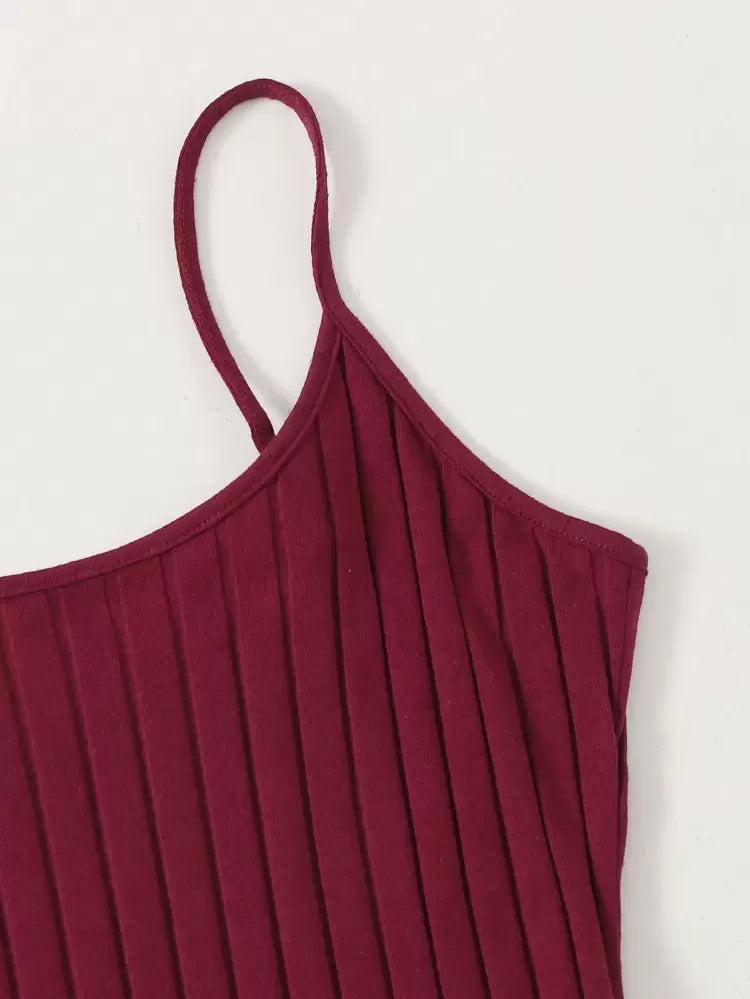 Burgundy Ribbed Cami Mini Dress – Slim Fit Cotton Blend Casual Dress for Women