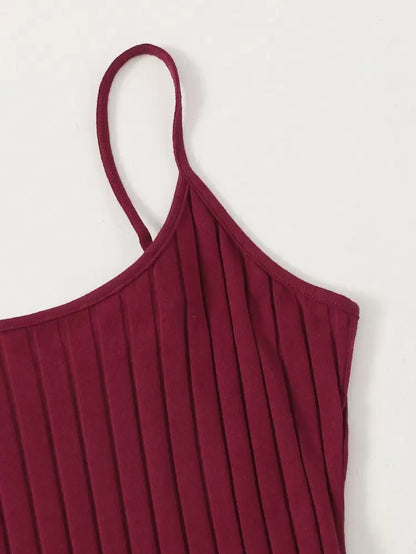 Burgundy Ribbed Cami Mini Dress – Slim Fit Cotton Blend Casual Dress for Women