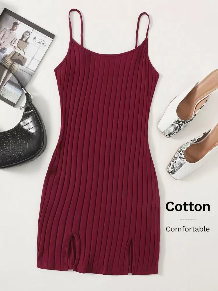 Burgundy Ribbed Cami Mini Dress – Slim Fit Cotton Blend Casual Dress for Women