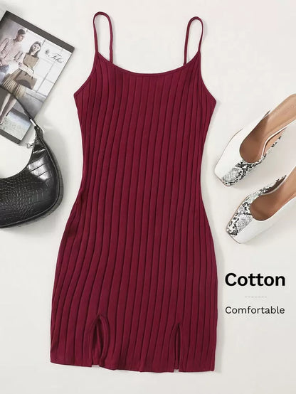 Burgundy Ribbed Cami Mini Dress – Slim Fit Cotton Blend Casual Dress for Women