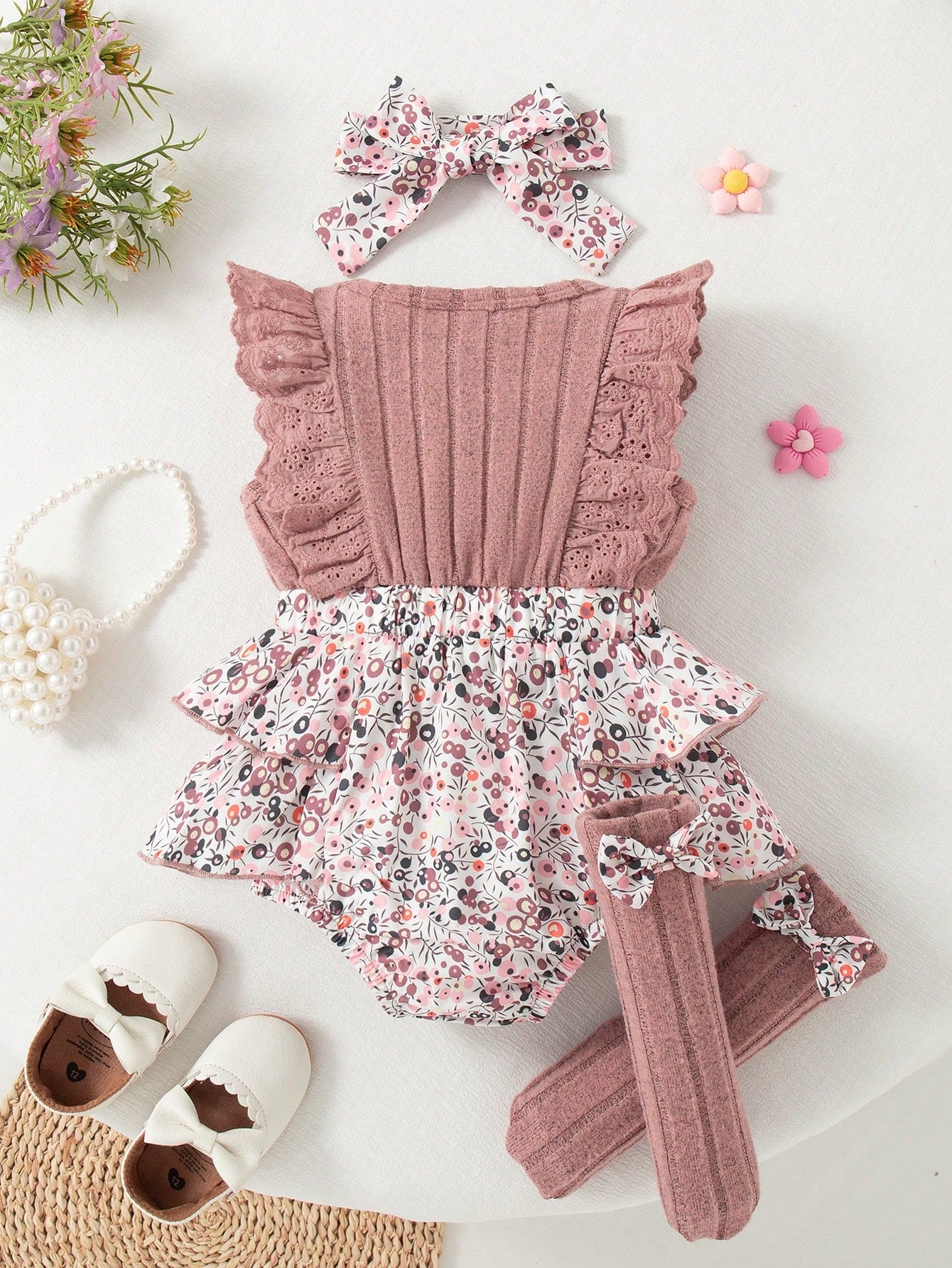 Baby Girls Mauve Floral Ruffle Romper Set with Headband & Socks