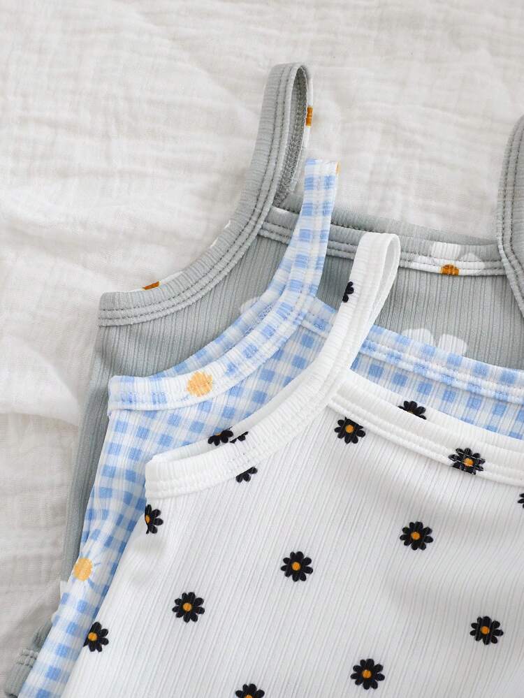 3-Pack Baby Girl Ribbed Bodysuit Set – Daisy Print & Blue Gingham Sleeveless Summer Onesies
