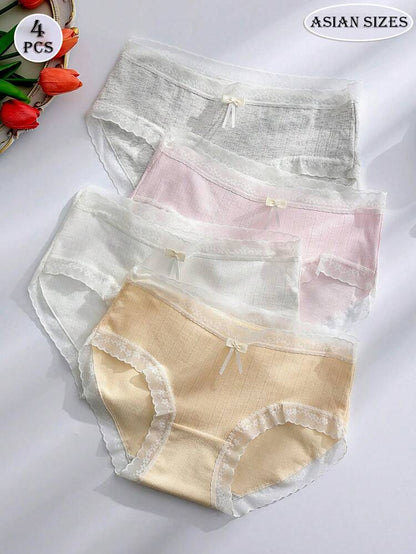 4 Pcs Cotton Lace Trim Panties Set for Women – Soft Mid Waist Ribbed Briefs with Bow Detail – Shein Style